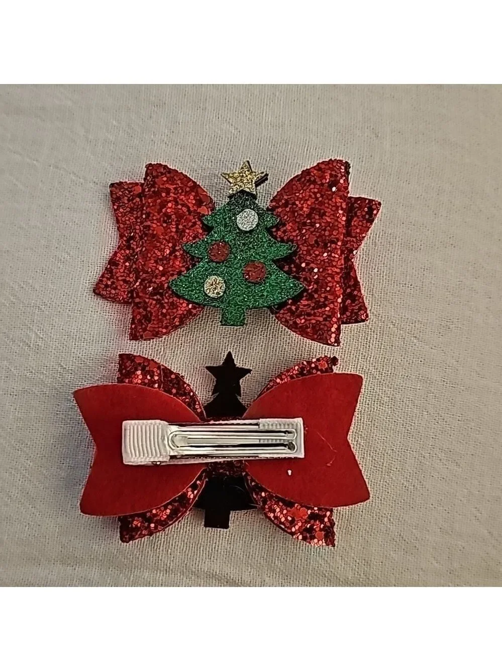 Christmas hair bow pair red bow with a green christmas tree